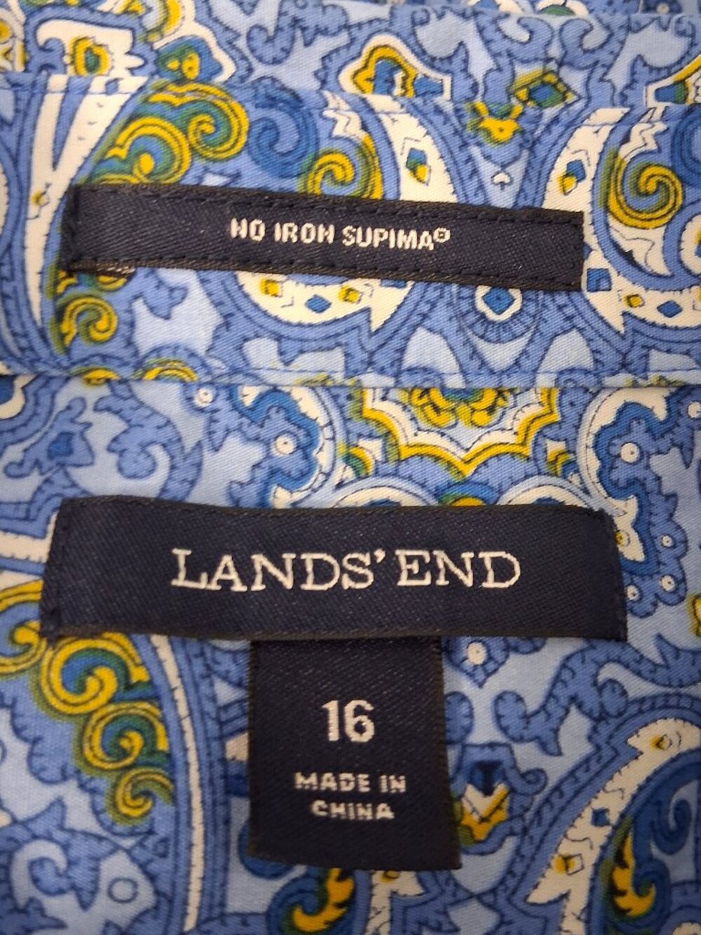 Lands' End - NO IRON Supima Cotton Blue Baroque Print Button-Down Shirt - Sz 16 - Picture 6 of 8